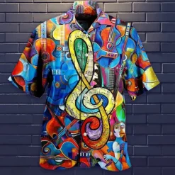 Hot OUKU Men's Boardmasters Music Notes Shirt Summer Hawaiian Shirt Button Up Shirt Short Sleeve Sports Fashion Streetwear Casual Hawaiian Holiday Summer Spring Cuban Collar Print Button-Down Wine Apricot