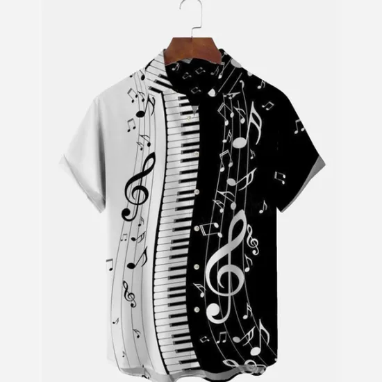 Outlet OUKU Men's Boardmasters Music Notes Shirt Button Up Shirt Short Sleeve Fashion Designer Casual Outdoor Casual Summer Spring Turndown Print Black Green Khaki Coffee Blue+Blue