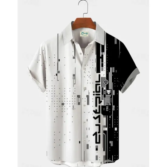 Outlet OUKU Men's Boardmasters Music Notes Shirt Button Up Shirt Short Sleeve Fashion Designer Casual Outdoor Casual Summer Spring Turndown Print Black Green Khaki Coffee Blue+Blue