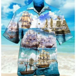 Clearance OUKU Men's Boat Seascape Pattern Shirt Summer Hawaiian Shirt Aloha Shirt Short Sleeve Shirt Cuban Collar Tropical Fashion Streetwear Casual Hawaiian Holiday Black White Yellow S M L