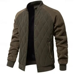 Online OUKU Men's Bomber Jacket Fleece Jacket Padded Casual Daily Vintage Style Fall & Winter Color Block Casual Standing Collar Regular Camel Apricot Black Army Green Grey Jacket