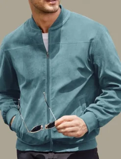 Sale OUKU Men's Bomber Jacket Transition Jacket Going out Pocket All Seasons Plain Casual Stand Collar Regular Black Brown Army Green Dark Blue Light Blue Jacket