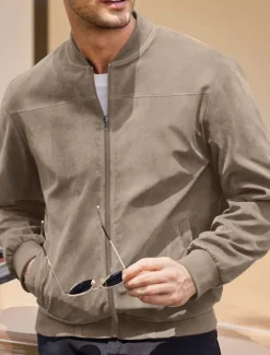 Sale OUKU Men's Bomber Jacket Transition Jacket Going out Pocket All Seasons Plain Casual Stand Collar Regular Black Brown Army Green Dark Blue Light Blue Jacket