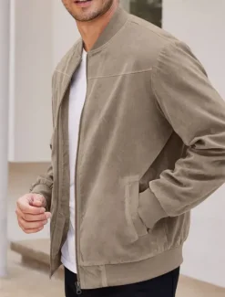 Sale OUKU Men's Bomber Jacket Transition Jacket Going out Pocket All Seasons Plain Casual Stand Collar Regular Black Brown Army Green Dark Blue Light Blue Jacket