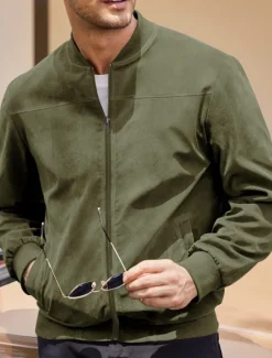 Sale OUKU Men's Bomber Jacket Transition Jacket Going out Pocket All Seasons Plain Casual Stand Collar Regular Black Brown Army Green Dark Blue Light Blue Jacket