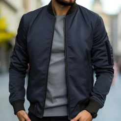 Discount OUKU Men's Bomber Jacket Transition Jacket Daily Wear Windbreaker Zipper Pocket All Seasons Plain Streetwear Stand Collar Regular Black Yellow Red Army Green Dark Blue Jacket