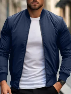 Outlet OUKU Men's Bomber Jacket Transition Jacket Daily Wear Lightweight Zipper Summer Spring Plain Streetwear Collar Regular Black Red Dark Blue Gray Jacket