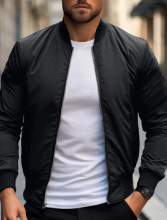 Outlet OUKU Men's Bomber Jacket Transition Jacket Daily Wear Lightweight Zipper Summer Spring Plain Streetwear Collar Regular Black Red Dark Blue Gray Jacket