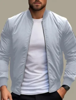 Outlet OUKU Men's Bomber Jacket Transition Jacket Daily Wear Lightweight Zipper Summer Spring Plain Streetwear Collar Regular Black Red Dark Blue Gray Jacket