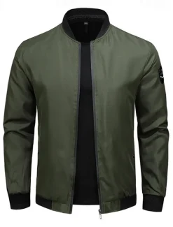 Outlet OUKU Men's Bomber Jacket Transition Jacket Going out Pocket All Seasons Plain Casual Standing Collar Regular Black Blue Army Green Jacket Gray