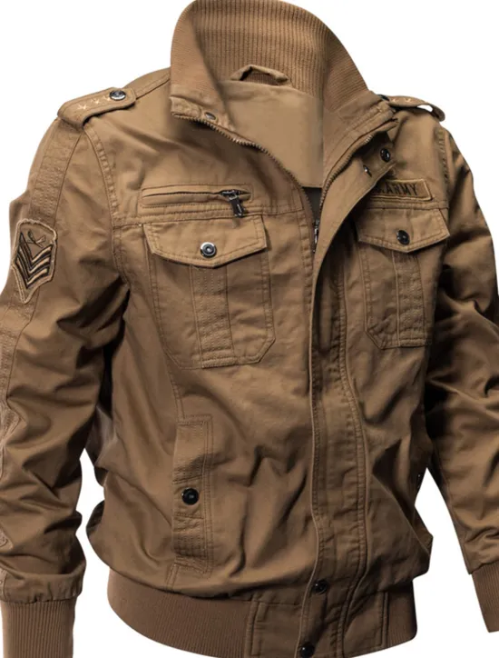 Sale OUKU Men's Bomber Jacket Utility Jacket Transition Jacket Varsity Jacket Outdoor Sports Windproof Warm Embroidered Zipper Winter Solid Colored Military Stand Collar Short Cotton Black Khaki Army Green