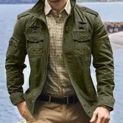 New OUKU Men's Bomber Jacket Varsity Jacket Tactical Jacket Casual Wearable Multi Pocket Spring Fall Winter Military Military Style Stand Collar Regular Cotton Black Khaki Army Green Jacket