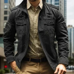 New OUKU Men's Bomber Jacket Varsity Jacket Tactical Jacket Casual Wearable Multi Pocket Spring Fall Winter Military Military Style Stand Collar Regular Cotton Black Khaki Army Green Jacket