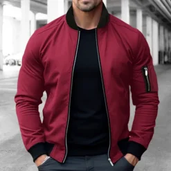 OUKU Men's Bomber Jacket Varsity Jacket Outdoor Sport Warm Pocket Fall Winter Plain Fashion Streetwear Stand Collar Short Black Blue Red & White Green Khaki Jacket