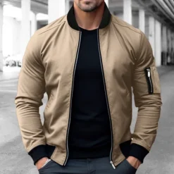 OUKU Men's Bomber Jacket Varsity Jacket Outdoor Sport Warm Pocket Fall Winter Plain Fashion Streetwear Stand Collar Short Black Blue Red & White Green Khaki Jacket