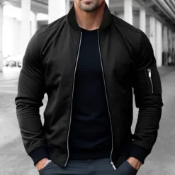 OUKU Men's Bomber Jacket Varsity Jacket Outdoor Sport Warm Pocket Fall Winter Plain Fashion Streetwear Stand Collar Short Black Blue Red & White Green Khaki Jacket