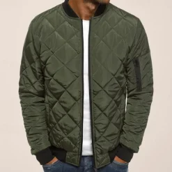 Best OUKU Men's Bomber Quilted Jacket Diamond Padded Jacket Winter Outdoor Chunky Varsity Flight Windproof Warm Trench Coat Top Quilted Seams Cotton Outwear Overcoat Full Zipper Camping Hiking Hunting Fishing