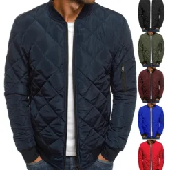 Best OUKU Men's Bomber Quilted Jacket Diamond Padded Jacket Winter Outdoor Chunky Varsity Flight Windproof Warm Trench Coat Top Quilted Seams Cotton Outwear Overcoat Full Zipper Camping Hiking Hunting Fishing