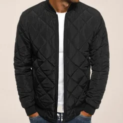 Best OUKU Men's Bomber Quilted Jacket Diamond Padded Jacket Winter Outdoor Chunky Varsity Flight Windproof Warm Trench Coat Top Quilted Seams Cotton Outwear Overcoat Full Zipper Camping Hiking Hunting Fishing