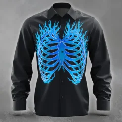 Best OUKU Men's Bone Flame Halloween Costumes Shirt Button Up Shirt Long Sleeve Dark Gothic Style Holiday Streetwear Summer Spring Turndown 3D Print Collared Shirts Blue Purple Orange Green