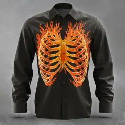 Best OUKU Men's Bone Flame Halloween Costumes Shirt Button Up Shirt Long Sleeve Dark Gothic Style Holiday Streetwear Summer Spring Turndown 3D Print Collared Shirts Blue Purple Orange Green