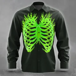 Best OUKU Men's Bone Flame Halloween Costumes Shirt Button Up Shirt Long Sleeve Dark Gothic Style Holiday Streetwear Summer Spring Turndown 3D Print Collared Shirts Blue Purple Orange Green