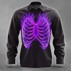 Best OUKU Men's Bone Flame Halloween Costumes Shirt Button Up Shirt Long Sleeve Dark Gothic Style Holiday Streetwear Summer Spring Turndown 3D Print Collared Shirts Blue Purple Orange Green