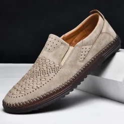 Clearance OUKU Men's Breathable Slip-On Loafers - Perforated Faux Suede Casual Shoes with Woven Detailing and Anti-Slip Sole