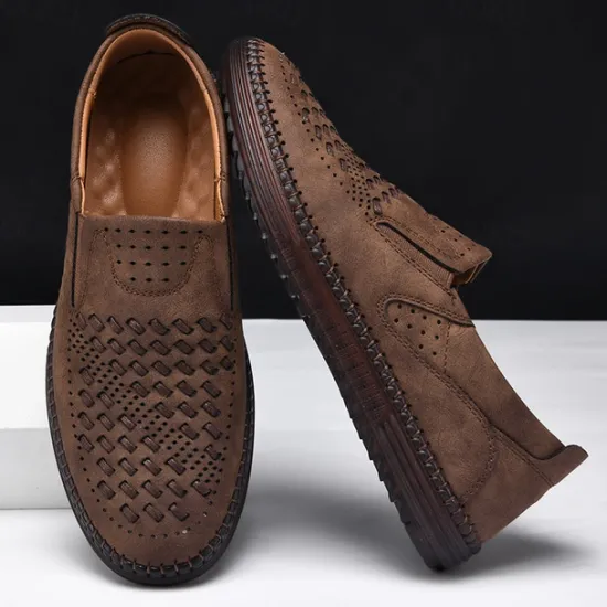 Clearance OUKU Men's Breathable Slip-On Loafers - Perforated Faux Suede Casual Shoes with Woven Detailing and Anti-Slip Sole