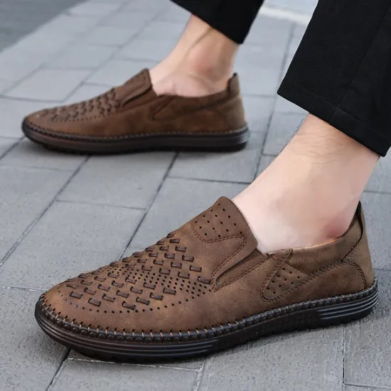 Clearance OUKU Men's Breathable Slip-On Loafers - Perforated Faux Suede Casual Shoes with Woven Detailing and Anti-Slip Sole