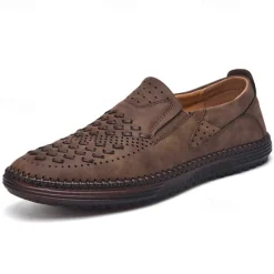Clearance OUKU Men's Breathable Slip-On Loafers - Perforated Faux Suede Casual Shoes with Woven Detailing and Anti-Slip Sole
