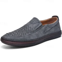 Clearance OUKU Men's Breathable Slip-On Loafers - Perforated Faux Suede Casual Shoes with Woven Detailing and Anti-Slip Sole