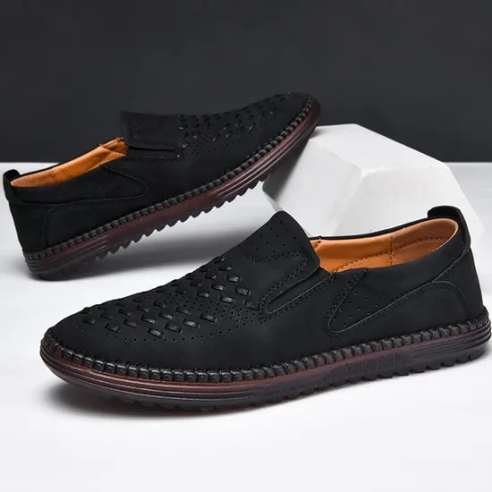 Clearance OUKU Men's Breathable Slip-On Loafers - Perforated Faux Suede Casual Shoes with Woven Detailing and Anti-Slip Sole