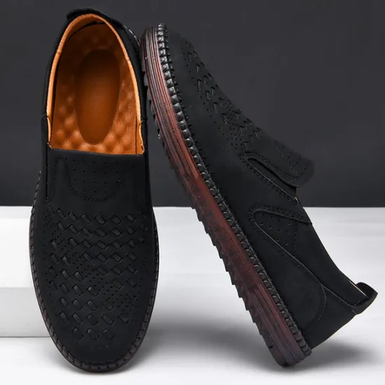 Clearance OUKU Men's Breathable Slip-On Loafers - Perforated Faux Suede Casual Shoes with Woven Detailing and Anti-Slip Sole