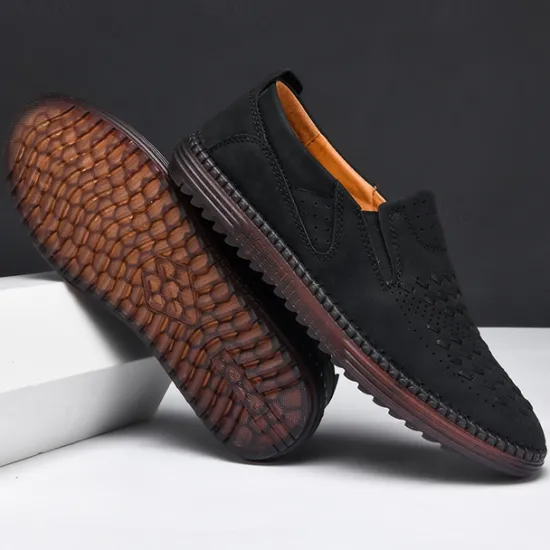 Clearance OUKU Men's Breathable Slip-On Loafers - Perforated Faux Suede Casual Shoes with Woven Detailing and Anti-Slip Sole