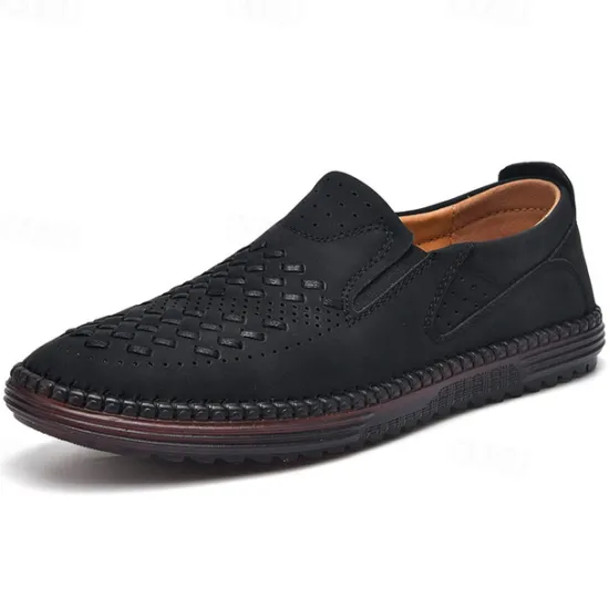 Clearance OUKU Men's Breathable Slip-On Loafers - Perforated Faux Suede Casual Shoes with Woven Detailing and Anti-Slip Sole