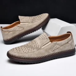 Clearance OUKU Men's Breathable Slip-On Loafers - Perforated Faux Suede Casual Shoes with Woven Detailing and Anti-Slip Sole