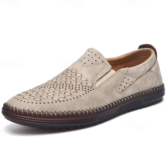 Clearance OUKU Men's Breathable Slip-On Loafers - Perforated Faux Suede Casual Shoes with Woven Detailing and Anti-Slip Sole