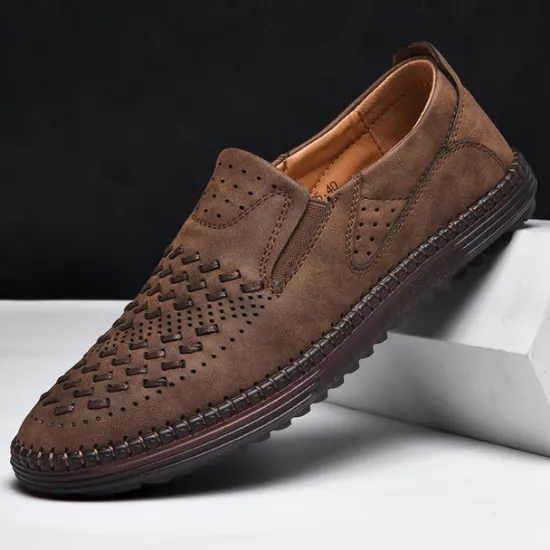Clearance OUKU Men's Breathable Slip-On Loafers - Perforated Faux Suede Casual Shoes with Woven Detailing and Anti-Slip Sole