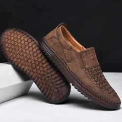 Clearance OUKU Men's Breathable Slip-On Loafers - Perforated Faux Suede Casual Shoes with Woven Detailing and Anti-Slip Sole