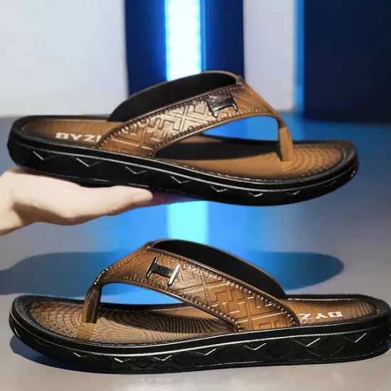 Hot OUKU Men's Brown Casual Flip Flops with Textured Footbed and Adjustable Strap – Comfortable Outdoor Sandals for Summer and Beach Wear