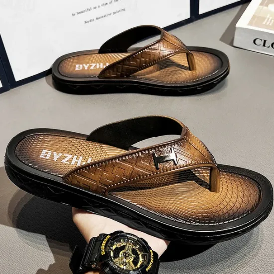 Hot OUKU Men's Brown Casual Flip Flops with Textured Footbed and Adjustable Strap – Comfortable Outdoor Sandals for Summer and Beach Wear