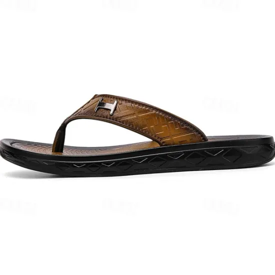 Hot OUKU Men's Brown Casual Flip Flops with Textured Footbed and Adjustable Strap – Comfortable Outdoor Sandals for Summer and Beach Wear