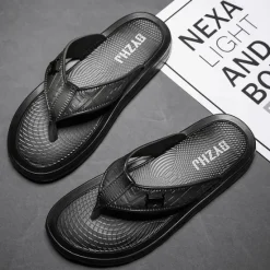 Hot OUKU Men's Brown Casual Flip Flops with Textured Footbed and Adjustable Strap – Comfortable Outdoor Sandals for Summer and Beach Wear
