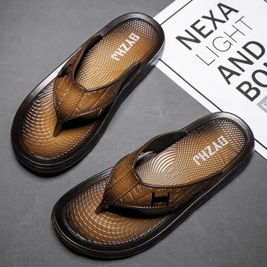 Hot OUKU Men's Brown Casual Flip Flops with Textured Footbed and Adjustable Strap – Comfortable Outdoor Sandals for Summer and Beach Wear