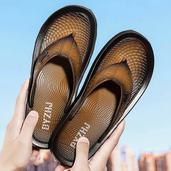 Hot OUKU Men's Brown Casual Flip Flops with Textured Footbed and Adjustable Strap – Comfortable Outdoor Sandals for Summer and Beach Wear