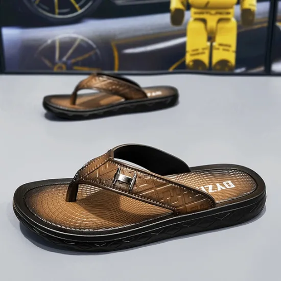 Hot OUKU Men's Brown Casual Flip Flops with Textured Footbed and Adjustable Strap – Comfortable Outdoor Sandals for Summer and Beach Wear