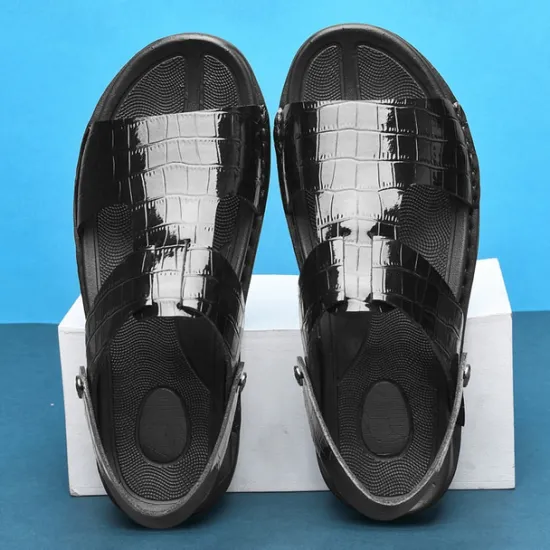 Hot OUKU Men's Brown Crocodile Pattern Sandals with Adjustable Strap, Stylish Design for Casual, Outdoor and Summer Wear