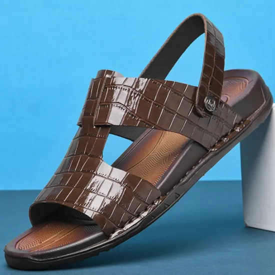 Hot OUKU Men's Brown Crocodile Pattern Sandals with Adjustable Strap, Stylish Design for Casual, Outdoor and Summer Wear