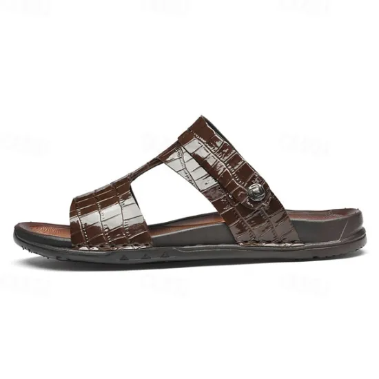 Hot OUKU Men's Brown Crocodile Pattern Sandals with Adjustable Strap, Stylish Design for Casual, Outdoor and Summer Wear